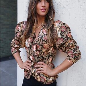 Express Metallic Floral Wrap Peplum Blouse Long Sleeve Size Small